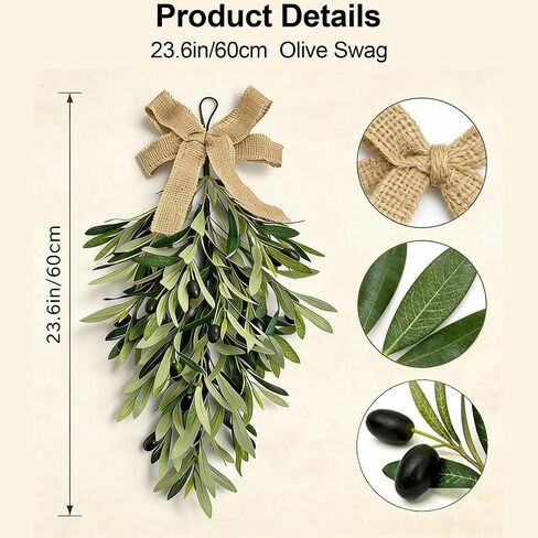 2 Pack 23.6" Artificial Olive Teardrop Swag Wreath for Front Door - UV Resistant Full Adjustable Handmade Faux Greenery Wall Decor with Burlap Bow - Farmhouse Olive Branch Swag for Kitchen Cabinet Ent in Saudi Arabia