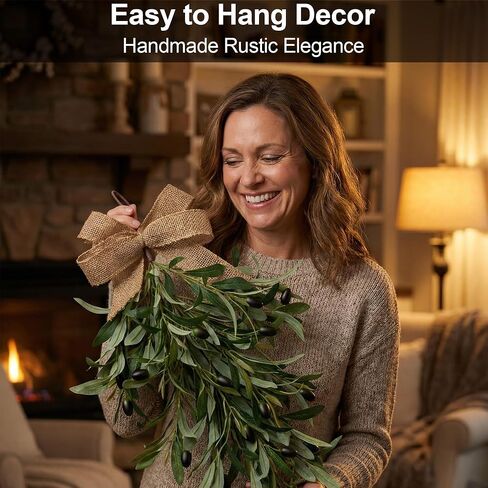 2 Pack 23.6" Artificial Olive Teardrop Swag Wreath for Front Door - UV Resistant Full Adjustable Handmade Faux Greenery Wall Decor with Burlap Bow - Farmhouse Olive Branch Swag for Kitchen Cabinet Ent in Saudi Arabia