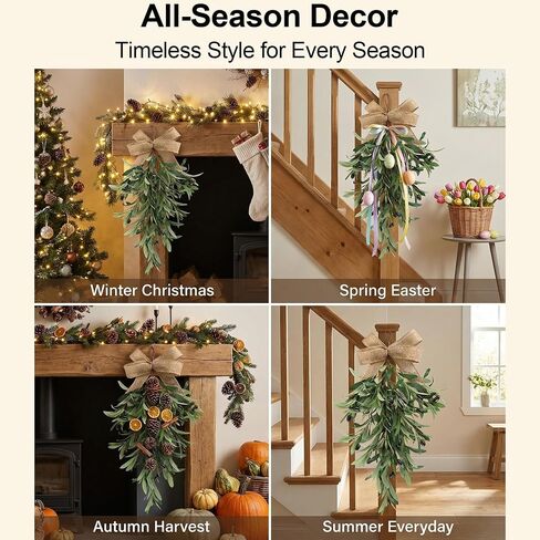 2 Pack 23.6" Artificial Olive Teardrop Swag Wreath for Front Door - UV Resistant Full Adjustable Handmade Faux Greenery Wall Decor with Burlap Bow - Farmhouse Olive Branch Swag for Kitchen Cabinet Ent in Saudi Arabia
