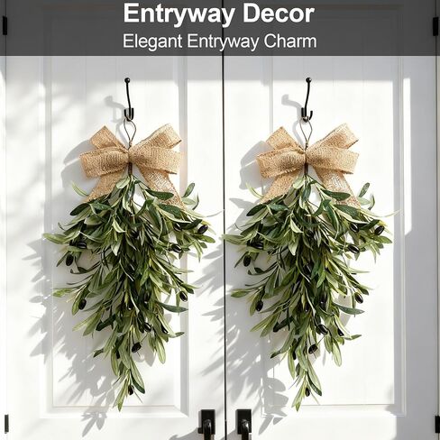 2 Pack 23.6" Artificial Olive Teardrop Swag Wreath for Front Door - UV Resistant Full Adjustable Handmade Faux Greenery Wall Decor with Burlap Bow - Farmhouse Olive Branch Swag for Kitchen Cabinet Ent in Saudi Arabia