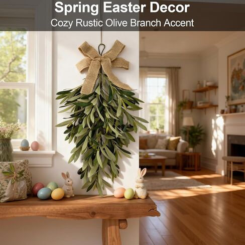 2 Pack 23.6" Artificial Olive Teardrop Swag Wreath for Front Door - UV Resistant Full Adjustable Handmade Faux Greenery Wall Decor with Burlap Bow - Farmhouse Olive Branch Swag for Kitchen Cabinet Ent in Saudi Arabia