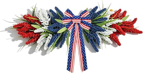 21'' 4th of July Large Swag Wreath for Front Door Red White and Blue Wheat Sheaf Artificial Independence Day Teardrop Swag for Farmhouse Kitchen Cabinet Porch Wall Window Memorial Day Arch Decoration in Saudi Arabia