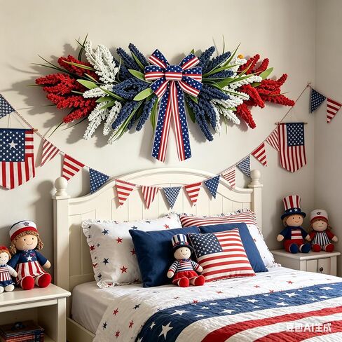 21'' 4th of July Large Swag Wreath for Front Door Red White and Blue Wheat Sheaf Artificial Independence Day Teardrop Swag for Farmhouse Kitchen Cabinet Porch Wall Window Memorial Day Arch Decoration in Saudi Arabia