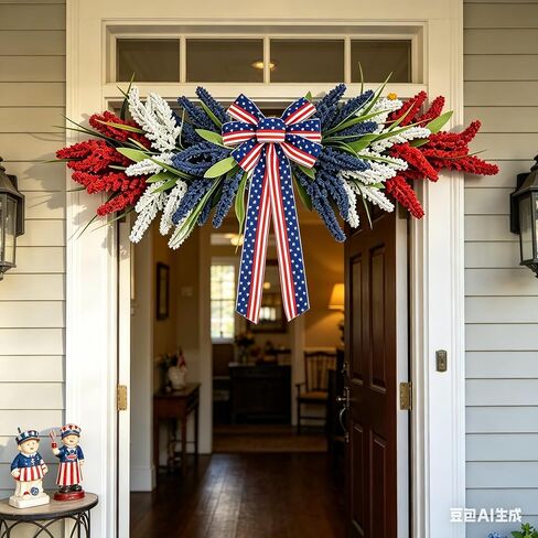 21'' 4th of July Large Swag Wreath for Front Door Red White and Blue Wheat Sheaf Artificial Independence Day Teardrop Swag for Farmhouse Kitchen Cabinet Porch Wall Window Memorial Day Arch Decoration in Saudi Arabia