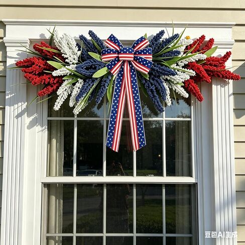 21'' 4th of July Large Swag Wreath for Front Door Red White and Blue Wheat Sheaf Artificial Independence Day Teardrop Swag for Farmhouse Kitchen Cabinet Porch Wall Window Memorial Day Arch Decoration in Saudi Arabia