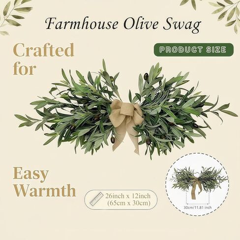 26" Farmhouse Olive Greenery Swag with Burlap Bow – Full Artificial Olive Leaf Swag for Front Door, Wall, Mantel & Table Décor, Realistic Year-Round Greenery Decoration (Green 1Pcs) in Saudi Arabia