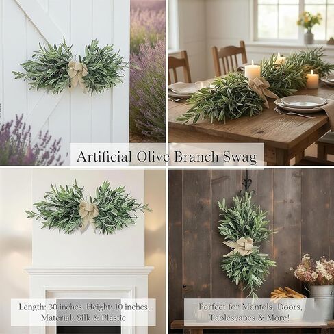 26" Farmhouse Olive Greenery Swag with Burlap Bow – Full Artificial Olive Leaf Swag for Front Door, Wall, Mantel & Table Décor, Realistic Year-Round Greenery Decoration (Green 1Pcs) in Saudi Arabia