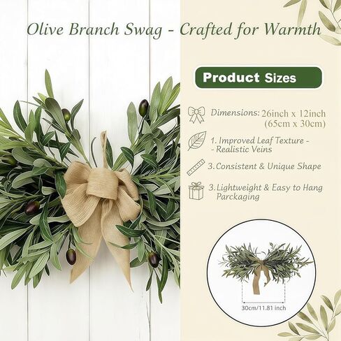 26" Farmhouse Olive Greenery Swag with Burlap Bow – Full Artificial Olive Leaf Swag for Front Door, Wall, Mantel & Table Décor, Realistic Year-Round Greenery Decoration (Green 1Pcs) in Saudi Arabia