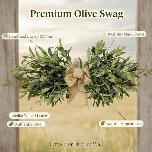 26" Farmhouse Olive Greenery Swag with Burlap Bow – Full Artificial Olive Leaf Swag for Front Door, Wall, Mantel & Table Décor, Realistic Year-Round Greenery Decoration (Green 1Pcs) in Saudi Arabia