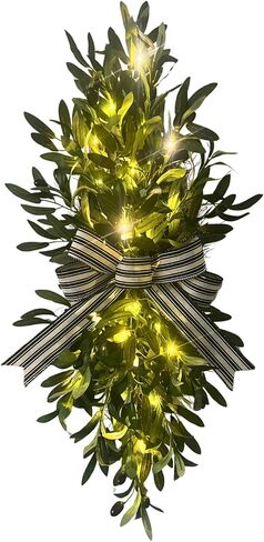 Svndlyn 26 Inch Lighted Olive Leaf Swag with Timer and Striped Bow | Faux Olive Leaves, Black Olives and Striped Bow with 20 Warm White Lights for Entryway and Wall Decor in Saudi Arabia