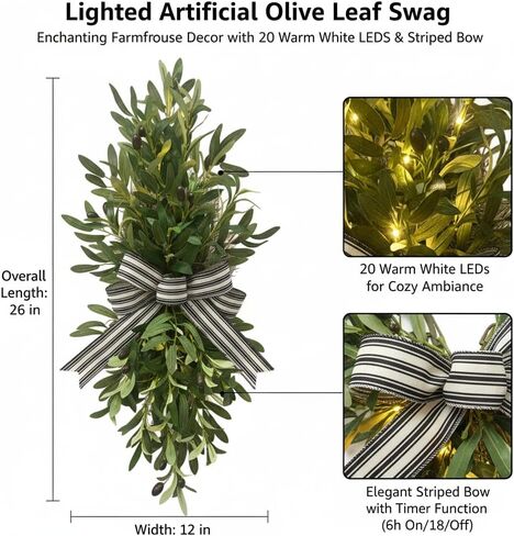Svndlyn 26 Inch Lighted Olive Leaf Swag with Timer and Striped Bow | Faux Olive Leaves, Black Olives and Striped Bow with 20 Warm White Lights for Entryway and Wall Decor in Saudi Arabia