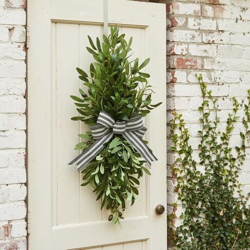 Svndlyn 26 Inch Lighted Olive Leaf Swag with Timer and Striped Bow | Faux Olive Leaves, Black Olives and Striped Bow with 20 Warm White Lights for Entryway and Wall Decor in Saudi Arabia