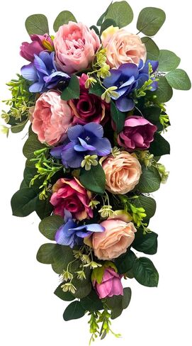 Svndlyn 24 Inch Pre-lit Peony & Rose Floral Swag for Front Door - Teardrop Spring Wreath with Timer, 20 LED Lights, Pink & Purple Vertical Wall Decor for Front Door,Wedding (Battery Operated) in Saudi Arabia