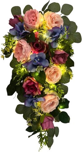 Svndlyn 24 Inch Pre-lit Peony & Rose Floral Swag for Front Door - Teardrop Spring Wreath with Timer, 20 LED Lights, Pink & Purple Vertical Wall Decor for Front Door,Wedding (Battery Operated) in Saudi Arabia