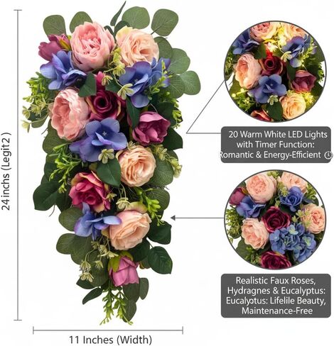 Svndlyn 24 Inch Pre-lit Peony & Rose Floral Swag for Front Door - Teardrop Spring Wreath with Timer, 20 LED Lights, Pink & Purple Vertical Wall Decor for Front Door,Wedding (Battery Operated) in Saudi Arabia