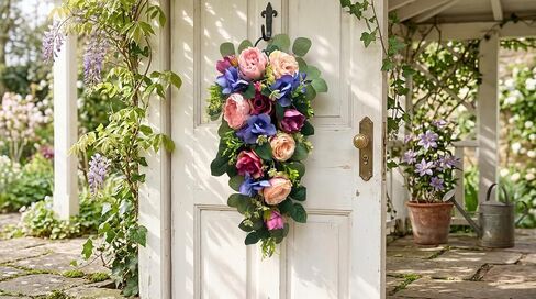 Svndlyn 24 Inch Pre-lit Peony & Rose Floral Swag for Front Door - Teardrop Spring Wreath with Timer, 20 LED Lights, Pink & Purple Vertical Wall Decor for Front Door,Wedding (Battery Operated) in Saudi Arabia