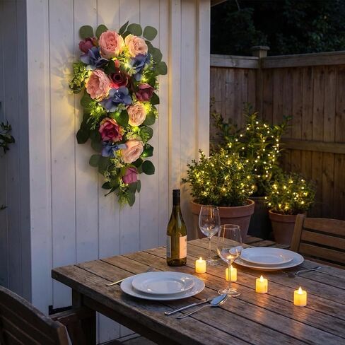 Svndlyn 24 Inch Pre-lit Peony & Rose Floral Swag for Front Door - Teardrop Spring Wreath with Timer, 20 LED Lights, Pink & Purple Vertical Wall Decor for Front Door,Wedding (Battery Operated) in Saudi Arabia