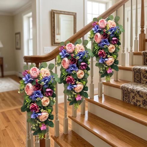 Svndlyn 24 Inch Pre-lit Peony & Rose Floral Swag for Front Door - Teardrop Spring Wreath with Timer, 20 LED Lights, Pink & Purple Vertical Wall Decor for Front Door,Wedding (Battery Operated) in Saudi Arabia
