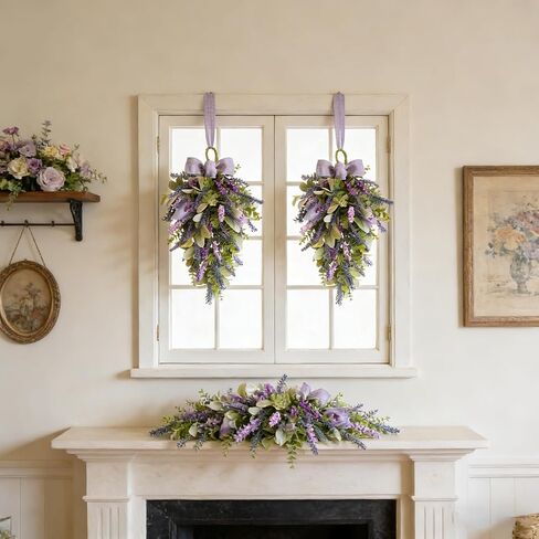 Idyllic 22 Inch Lavender Floral Swag with Bunny Ear Eucalyptus for Front Door Decor Artificial Outdoor Hanging Wedding Arch Spring Wreaths Alternative and Home Entrance Decoration in Kuwait