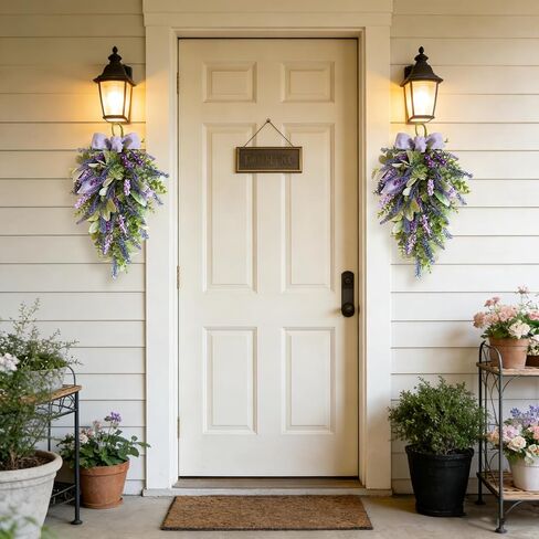 Idyllic 22 Inch Lavender Floral Swag with Bunny Ear Eucalyptus for Front Door Decor Artificial Outdoor Hanging Wedding Arch Spring Wreaths Alternative and Home Entrance Decoration in Kuwait