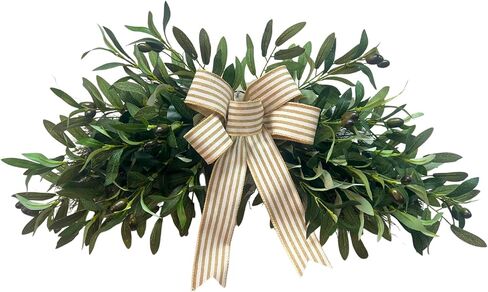 Svndlyn Pre-lit Artificial Olive Branch Swag with Striped Bow - 20 LED Teardrop Wreath for Front Door with Timer - Farmhouse Greenery Wall Decor (Battery Operated, Batteries Not Included) in Saudi Arabia