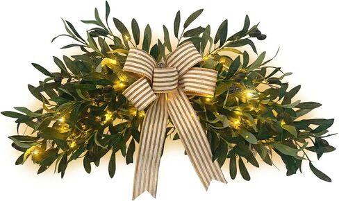 Svndlyn Pre-lit Artificial Olive Branch Swag with Striped Bow - 20 LED Teardrop Wreath for Front Door with Timer - Farmhouse Greenery Wall Decor (Battery Operated, Batteries Not Included) in Saudi Arabia