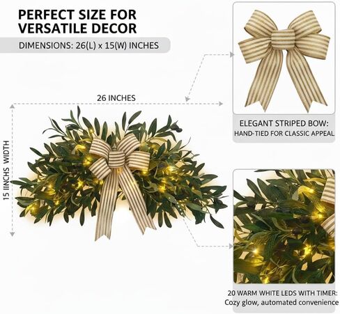 Svndlyn Pre-lit Artificial Olive Branch Swag with Striped Bow - 20 LED Teardrop Wreath for Front Door with Timer - Farmhouse Greenery Wall Decor (Battery Operated, Batteries Not Included) in Saudi Arabia