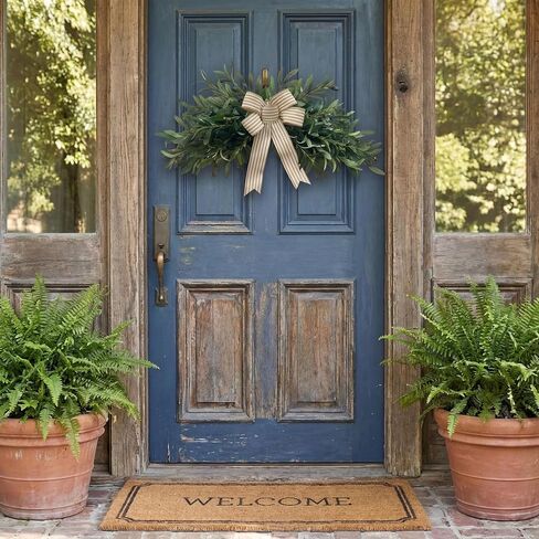 Svndlyn Pre-lit Artificial Olive Branch Swag with Striped Bow - 20 LED Teardrop Wreath for Front Door with Timer - Farmhouse Greenery Wall Decor (Battery Operated, Batteries Not Included) in Saudi Arabia