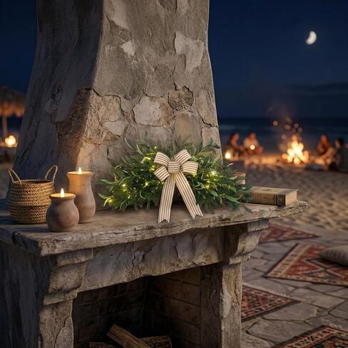 Svndlyn Pre-lit Artificial Olive Branch Swag with Striped Bow - 20 LED Teardrop Wreath for Front Door with Timer - Farmhouse Greenery Wall Decor (Battery Operated, Batteries Not Included) in Saudi Arabia