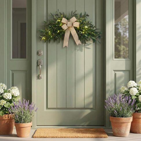 Svndlyn Pre-lit Artificial Olive Branch Swag with Striped Bow - 20 LED Teardrop Wreath for Front Door with Timer - Farmhouse Greenery Wall Decor (Battery Operated, Batteries Not Included) in Saudi Arabia