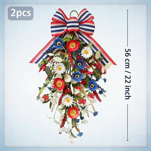 TEMPUS الوطنية الزهور غنيمة اكليلا 2-حزمة، 22 "أحمر أبيض أزرق الاصطناعي ديزي دمعة سوجس مع القوس مخطط، يدويا ديكور الباب الوطني ليوم الاستقلال الرابع من يوليو، يوم الذكرى in Kuwait