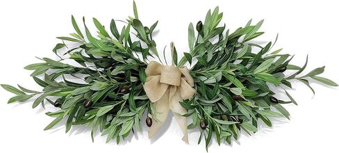 26" Farmhouse Olive Leaf Greenery Swag with Premium Burlap Bow Realistic Faux Olive Branch Door Decor for Front Door, Wall, Mantel, Table, Kitchen, Bathroom, Weddings & Seasonal Styling (Green 1Pcs) in Saudi Arabia