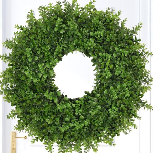 26 Inch Large Boxwoods Wreaths for Front Door Artificial Green Leaves Greenery Indoor Outdoor Wreath Home Decor Porch Window Wall Farmhouse Door Decorations Spring Summer Fall All Seasons in Saudi Arabia