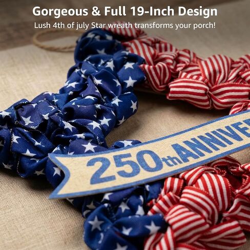 4th of July Wreath Patriotic Decorations for Front Door - 19 inch Memorial Day 250th Anniversary USA Fourth of July Burlap Star Wreath, Red White and Blue Hanging for Independence Day 2026 Decor in Saudi Arabia