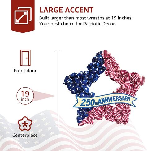 4th of July Wreath Patriotic Decorations for Front Door - 19 inch Memorial Day 250th Anniversary USA Fourth of July Burlap Star Wreath, Red White and Blue Hanging for Independence Day 2026 Decor in Saudi Arabia