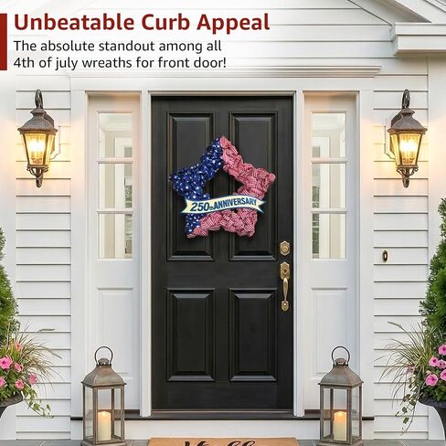 4th of July Wreath Patriotic Decorations for Front Door - 19 inch Memorial Day 250th Anniversary USA Fourth of July Burlap Star Wreath, Red White and Blue Hanging for Independence Day 2026 Decor in Saudi Arabia