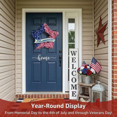 4th of July Wreath Patriotic Decorations for Front Door - 19 inch Memorial Day 250th Anniversary USA Fourth of July Burlap Star Wreath, Red White and Blue Hanging for Independence Day 2026 Decor in Saudi Arabia