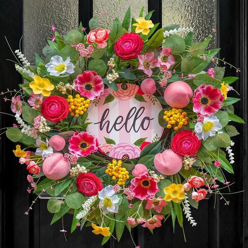 Spring Summer Wreaths for Front Door 24 Inch with Cherry Blossom,Pink Roses & Hello Sign,Summer Door Wreath for Entryway,Porch & Home Décor Indoor Outdoor in Saudi Arabia