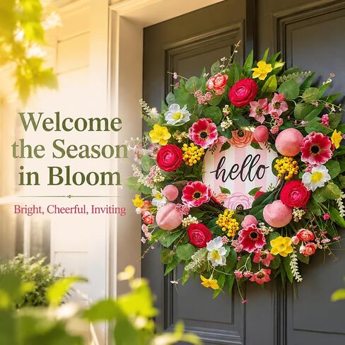 Spring Summer Wreaths for Front Door 24 Inch with Cherry Blossom,Pink Roses & Hello Sign,Summer Door Wreath for Entryway,Porch & Home Décor Indoor Outdoor in Saudi Arabia