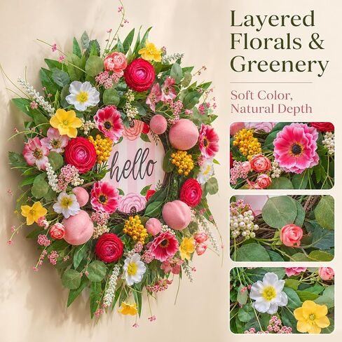 Spring Summer Wreaths for Front Door 24 Inch with Cherry Blossom,Pink Roses & Hello Sign,Summer Door Wreath for Entryway,Porch & Home Décor Indoor Outdoor in Saudi Arabia