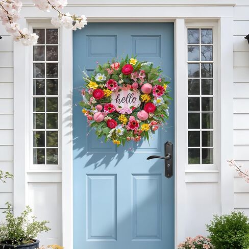 Spring Summer Wreaths for Front Door 24 Inch with Cherry Blossom,Pink Roses & Hello Sign,Summer Door Wreath for Entryway,Porch & Home Décor Indoor Outdoor in Saudi Arabia
