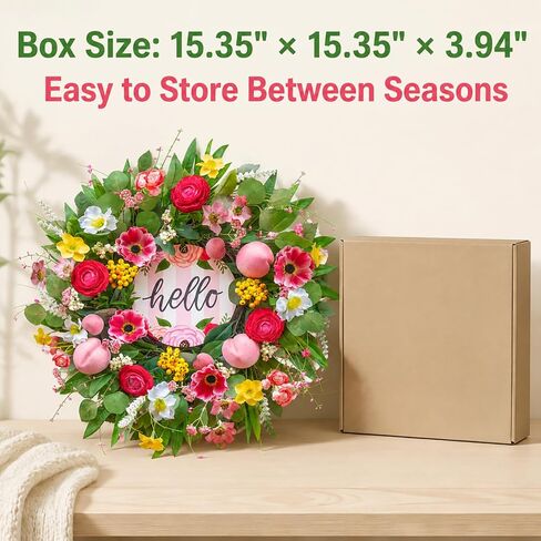 Spring Summer Wreaths for Front Door 24 Inch with Cherry Blossom,Pink Roses & Hello Sign,Summer Door Wreath for Entryway,Porch & Home Décor Indoor Outdoor in Saudi Arabia