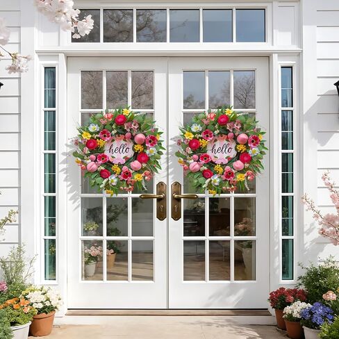 Spring Summer Wreaths for Front Door 24 Inch with Cherry Blossom,Pink Roses & Hello Sign,Summer Door Wreath for Entryway,Porch & Home Décor Indoor Outdoor in Saudi Arabia