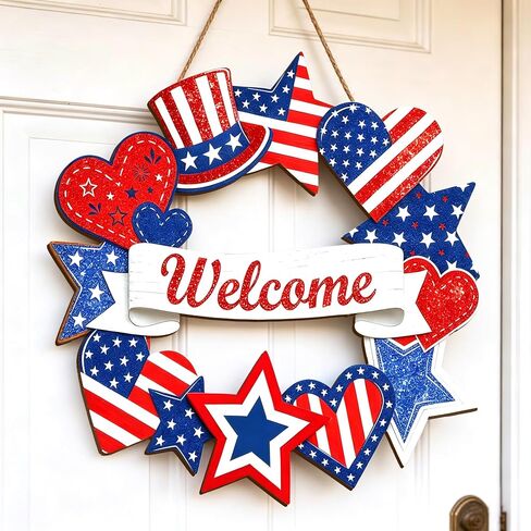 Wooden 4th of July Decorations Patriotic Wreaths for Front Door Independence Day Decorations Star Sign Welcome Memorial Day Hanging for Home Wall Decor Outdoor Indoor Red White and Blue Wreath in Saudi Arabia