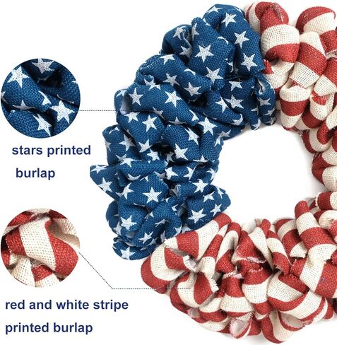 20Inch Patriotic Burlap Wreath, 4th of July Summer Burlap Stripe and Stars Printed Wreath for The Front Door, Handcrafted Memorial Day American Flag Printed Home Decoration for Indoor and Outdoor in Kuwait