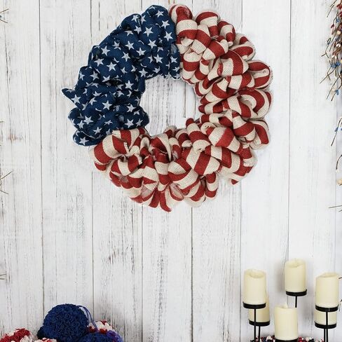 20Inch Patriotic Burlap Wreath, 4th of July Summer Burlap Stripe and Stars Printed Wreath for The Front Door, Handcrafted Memorial Day American Flag Printed Home Decoration for Indoor and Outdoor in Kuwait