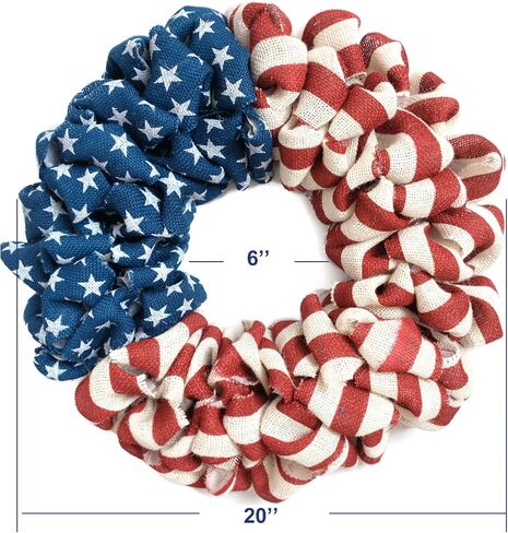 20Inch Patriotic Burlap Wreath, 4th of July Summer Burlap Stripe and Stars Printed Wreath for The Front Door, Handcrafted Memorial Day American Flag Printed Home Decoration for Indoor and Outdoor in Kuwait