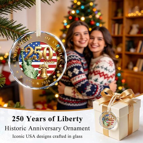 250 Anniversary USA Ornament for 4th of July Decorations - Crystal Glass Patriotic Christmas Ornaments - 1776-2026 Statue of Liberty Bell & US Flag Keepsake - Independence Day Souvenir Gifts in Saudi Arabia