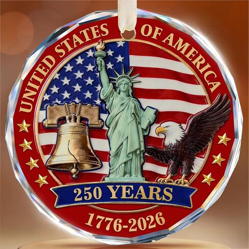 250 Anniversary USA Ornament for 4th of July Decorations - Crystal Glass Patriotic Christmas Ornaments - 1776-2026 Statue of Liberty Bell & US Flag Keepsake - Independence Day Souvenir Gifts in Saudi Arabia