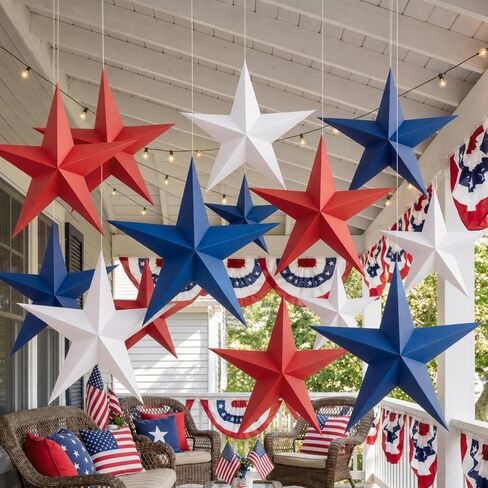 Engrowtic 18 Pcs 12'' 3D Large Patriotic Paper Stars Hanging Decorations 4th of July Red White and Blue Star Decor Outdoor Independence Day Tree Ornaments 250th Anniversary Ceiling Decoration in Kuwait